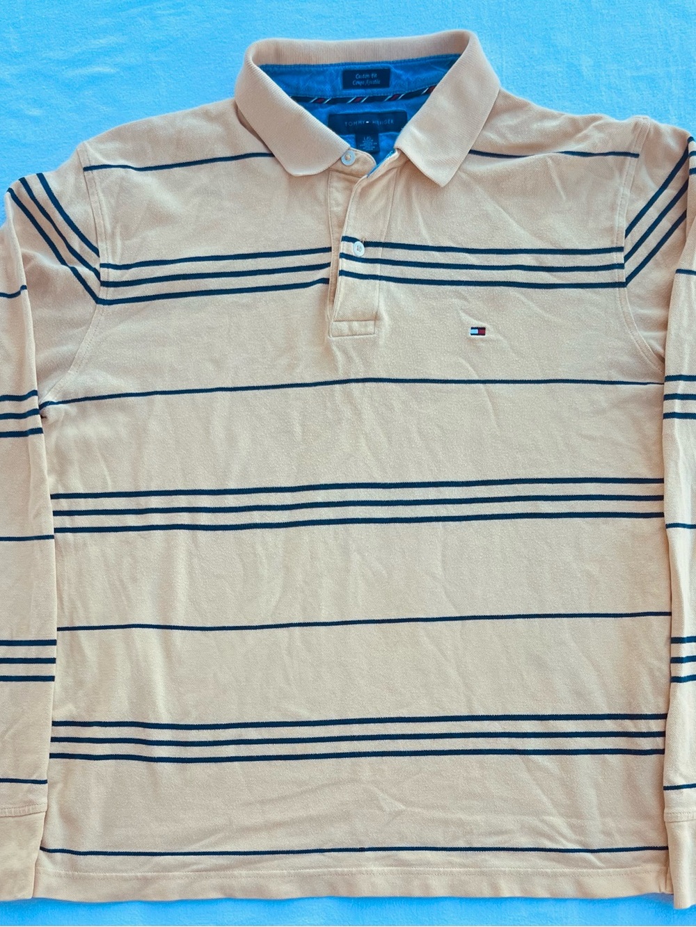 Tommy Hilfiger Beige Long Sleeve Polo with Navy Stripes